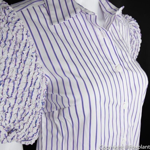 NWOT Petersyn smocked puff short sleeve button front top,‎ white with stripes - Picture 9 of 15